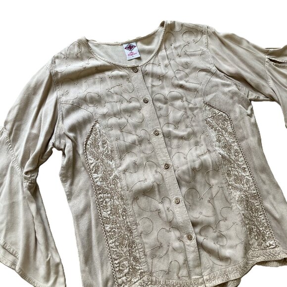 Easy Wear by Empress Maxi Skirt 2pc Set w/Bell Sleeve Blouse Embroidered Beige - Picture 9 of 13